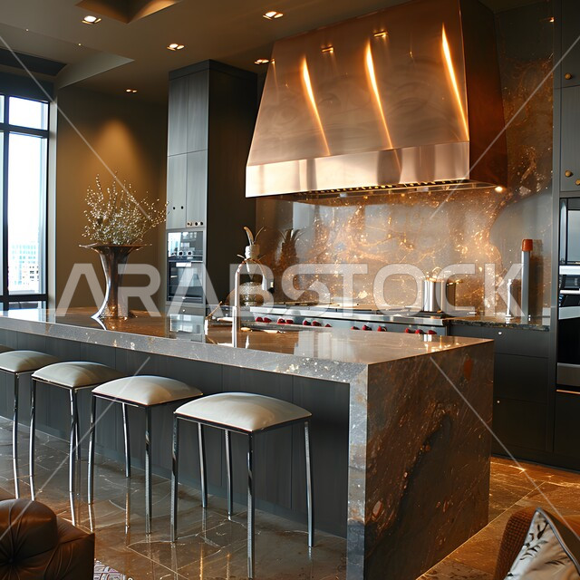 مطبخ بديكورات داخلية فاخرة، فنون الهندسة المعمارية المتميزة الحديثة، شقق وفلل سكنية في السعودية، استخدام الطراز الفني العصري في الأثاث المنزلي