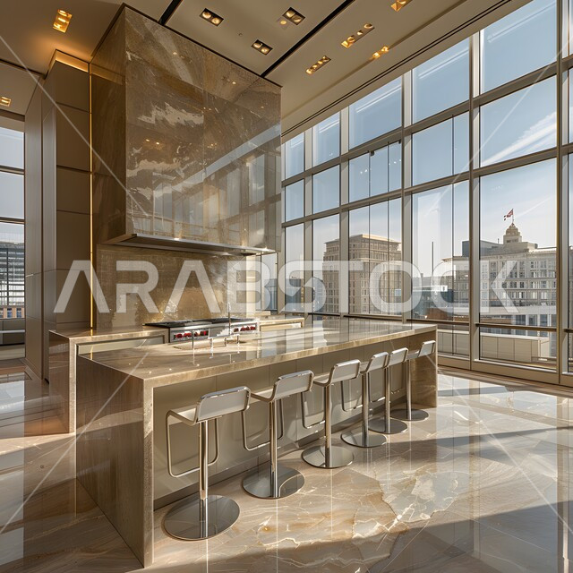Kitchen with luxurious interiors, distinguished modern architecture, residential apartments and villas in Saudi Arabia, using modern artistic style in home furniture