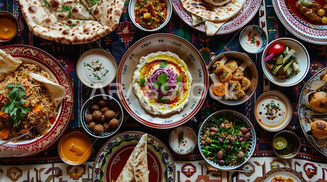طبق من كريم الحمص اللذيذ المزين بالتوابل والخضراوات، المقبلات النباتية الباردة اللذيذة، مأكولات وأطباق شعبية تقليدية، وصفات طعام شرقية عربية سعودية، تزيين الطعام بأساليب فنية، فطور عربي تقليدي