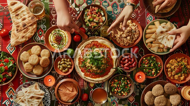 طبق من كريم الحمص اللذيذ المزين بالتوابل والخضراوات، المقبلات النباتية الباردة اللذيذة، مأكولات وأطباق شعبية تقليدية، وصفات طعام شرقية عربية سعودية، تزيين الطعام بأساليب فنية، فطور عربي تقليدي