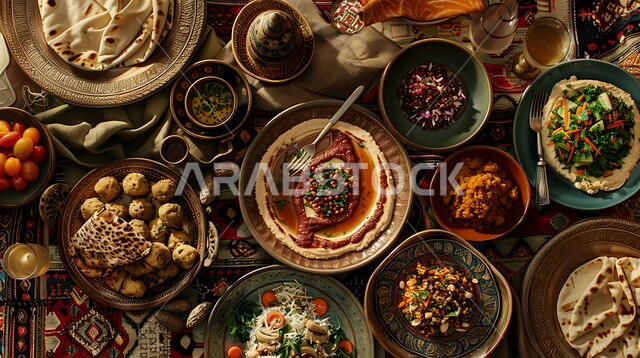 طبق من كريم الحمص اللذيذ المزين بالتوابل والخضراوات، المقبلات النباتية الباردة اللذيذة، مأكولات وأطباق شعبية تقليدية، وصفات طعام شرقية عربية سعودية، تزيين الطعام بأساليب فنية، فطور عربي تقليدي