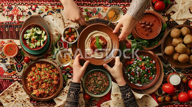A plate of delicious hummus cream decorated with spices and vegetables, delicious cold vegetarian appetizers, traditional popular foods and dishes, Saudi Arabian oriental food recipes, decorating food with artistic methods, traditional Arabic breakfast