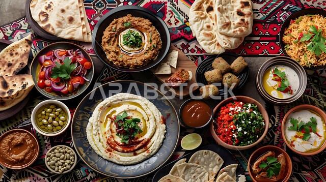 طبق من كريم الحمص اللذيذ المزين بالتوابل والخضراوات، المقبلات النباتية الباردة اللذيذة، مأكولات وأطباق شعبية تقليدية، وصفات طعام شرقية عربية سعودية، تزيين الطعام بأساليب فنية، فطور عربي تقليدي