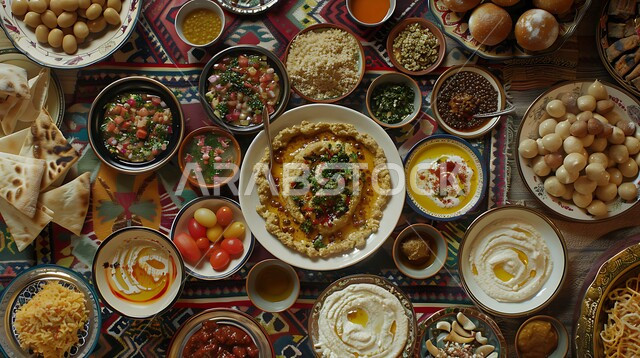 طبق من كريم الحمص اللذيذ المزين بالتوابل والخضراوات، المقبلات النباتية الباردة اللذيذة، مأكولات وأطباق شعبية تقليدية، وصفات طعام شرقية عربية سعودية، تزيين الطعام بأساليب فنية، فطور عربي تقليدي