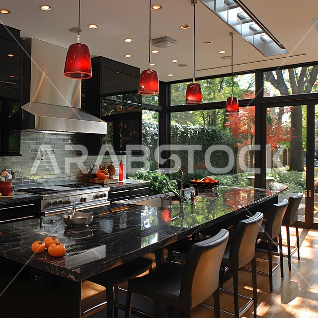 استخدام الطراز الفني العصري في الأثاث المنزلي ,مطبخ بديكورات داخلية فاخرة، فنون الهندسة المعمارية المتميزة الحديثة، شقق وفلل سكنية في السعودية