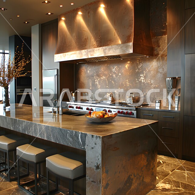 استخدام الطراز الفني العصري في الأثاث المنزلي ,مطبخ بديكورات داخلية فاخرة، فنون الهندسة المعمارية المتميزة الحديثة، شقق وفلل سكنية في السعودية