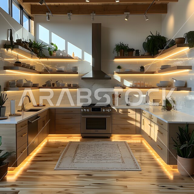 استخدام الطراز الفني العصري في الأثاث المنزلي ,مطبخ بديكورات داخلية فاخرة، فنون الهندسة المعمارية المتميزة الحديثة، شقق وفلل سكنية في السعودية