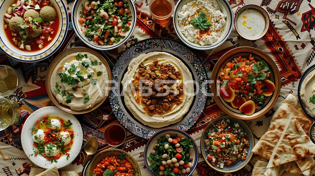 المقبلات النباتية الباردة اللذيذة، طبق من كريم الحمص اللذيذ المزين بالتوابل والخضراوات، مأكولات وأطباق شعبية تقليدية، وصفات طعام شرقية عربية سعودية، تزيين الطعام بأساليب فنية، فطور عربي تقليدي