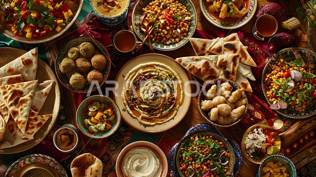 المقبلات النباتية الباردة اللذيذة، طبق من كريم الحمص اللذيذ المزين بالتوابل والخضراوات، مأكولات وأطباق شعبية تقليدية، وصفات طعام شرقية عربية سعودية، تزيين الطعام بأساليب فنية، فطور عربي تقليدي