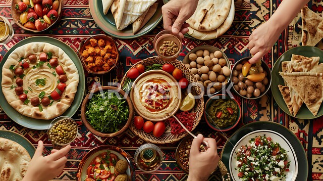 المقبلات النباتية الباردة اللذيذة، طبق من كريم الحمص اللذيذ المزين بالتوابل والخضراوات، مأكولات وأطباق شعبية تقليدية، وصفات طعام شرقية عربية سعودية، تزيين الطعام بأساليب فنية، فطور عربي تقليدي