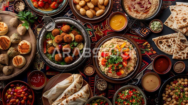 المقبلات النباتية الباردة اللذيذة، طبق من كريم الحمص اللذيذ المزين بالتوابل والخضراوات، مأكولات وأطباق شعبية تقليدية، وصفات طعام شرقية عربية سعودية، تزيين الطعام بأساليب فنية، فطور عربي تقليدي