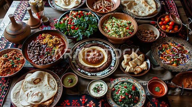 المقبلات النباتية الباردة اللذيذة، طبق من كريم الحمص اللذيذ المزين بالتوابل والخضراوات، مأكولات وأطباق شعبية تقليدية، وصفات طعام شرقية عربية سعودية، تزيين الطعام بأساليب فنية، فطور عربي تقليدي