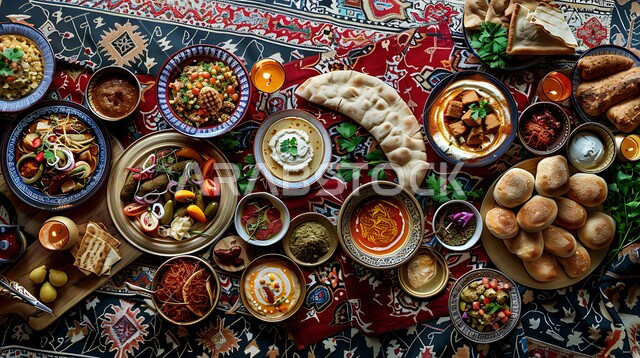 Decorating food with artistic methods, traditional popular foods and dishes, delicious cold vegetarian appetizers, a plate of delicious hummus cream decorated with spices and vegetables, Saudi Arabian oriental food recipes, traditional Arabic breakfast