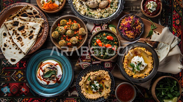 تزيين الطعام بأساليب فنية، مأكولات وأطباق شعبية تقليدية، المقبلات النباتية الباردة اللذيذة، طبق من كريم الحمص اللذيذ المزين بالتوابل والخضراوات،  وصفات طعام شرقية عربية سعودية، فطور عربي تقليدي