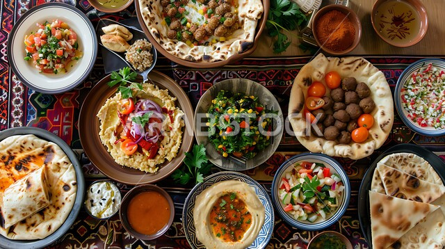 تزيين الطعام بأساليب فنية، مأكولات وأطباق شعبية تقليدية، المقبلات النباتية الباردة اللذيذة، طبق من كريم الحمص اللذيذ المزين بالتوابل والخضراوات،  وصفات طعام شرقية عربية سعودية، فطور عربي تقليدي