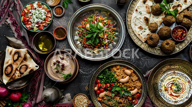 طبق من اقراص الفلافل اللذيذ مع الخضروات والحمص، حبات الفلافل الطازجة، وجبة الفطور الصباحي، مأكولات عربية شرقية