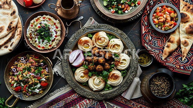 طبق من اقراص الفلافل اللذيذ مع الخضروات والحمص، حبات الفلافل الطازجة، وجبة الفطور الصباحي، مأكولات عربية شرقية