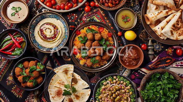 طبق من اقراص الفلافل اللذيذ مع الخضروات والحمص، حبات الفلافل الطازجة، وجبة الفطور الصباحي، مأكولات عربية شرقية