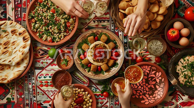 A plate of delicious falafel discs with vegetables and hummus, fresh falafel balls, breakfast meal, oriental Arabic food