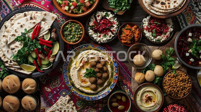حبات الفلافل الطازجة، طبق من اقراص الفلافل اللذيذ مع الخضروات والحمص،  وجبة الفطور الصباحي، مأكولات عربية شرقية