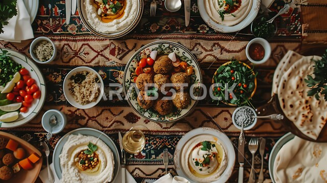 حبات الفلافل الطازجة، طبق من اقراص الفلافل اللذيذ مع الخضروات والحمص،  وجبة الفطور الصباحي، مأكولات عربية شرقية