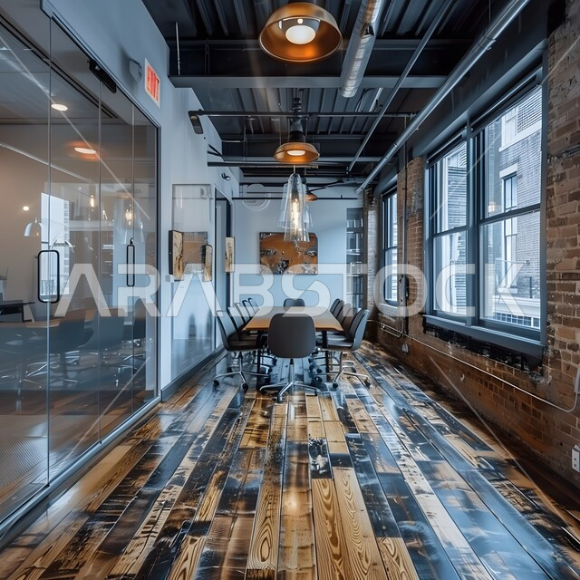 غرفة اجتماعات واسعة مع طاولة محاطة بكراسي، غرف مكتبية بتصاميم وديكورات داخلية فخمة، التصميم العصري الحديث للمكاتب في الشركات السعودية، النوافذ والواجهات الزجاجية