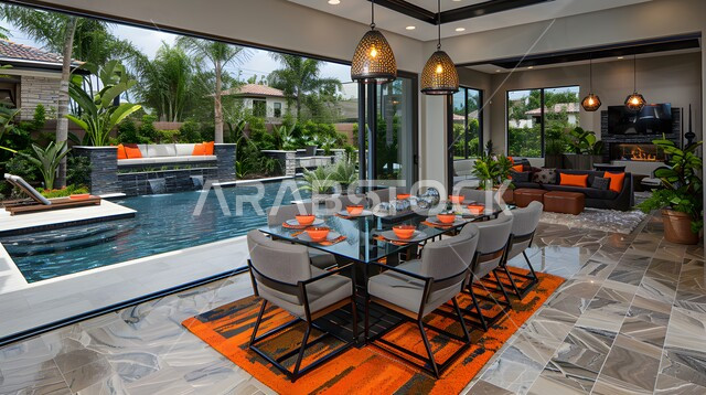 Modern interior home decorations for dining rooms, dining rooms with sophisticated designs, engineering arts and the use of elegant artistic style in home furniture, residential apartments and villas in the Kingdom of Saudi Arabia