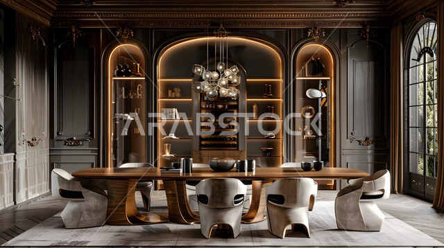 ديكورات منزلية داخلية حديثة لغرف الطعام، غرفة سفرة بتصاميم راقية، الفنون الهندسية و استخدام الطراز الفني الانيق في الاثاث المنزلي، شقق وفلل سكنية في المملكة العربية السعودية