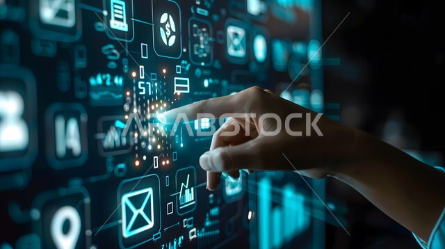 Improving work efficiency, close-up of a man's hand touching virtual cost and quality icons, using modern electronic technologies, illuminated electronic screens, 3D holographic elements and symbols
