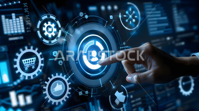 تحسين كفاءة العمل، صورة مقربة ليد رجل يقوم بلمس أيقونات التكلفة والجودة الافتراضية، استخدام التقنيات الالكترونية الحديثة، شاشات الكترونية مضيئة، عناصر ورموز هولوجرامية ثلاثية الابعاد