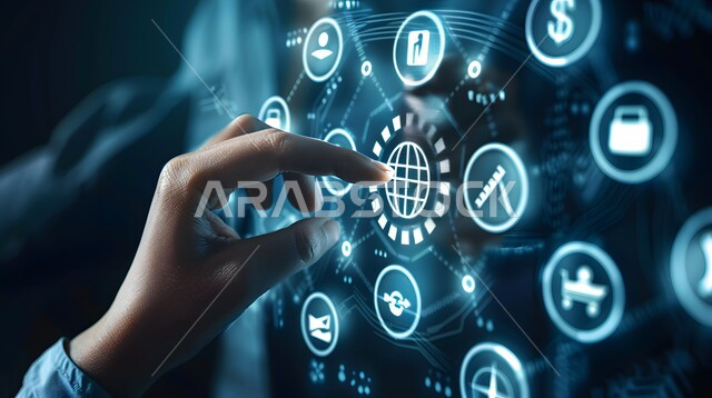 Improving work efficiency, close-up of a man's hand touching virtual cost and quality icons, using modern electronic technologies, illuminated electronic screens, 3D holographic elements and symbols
