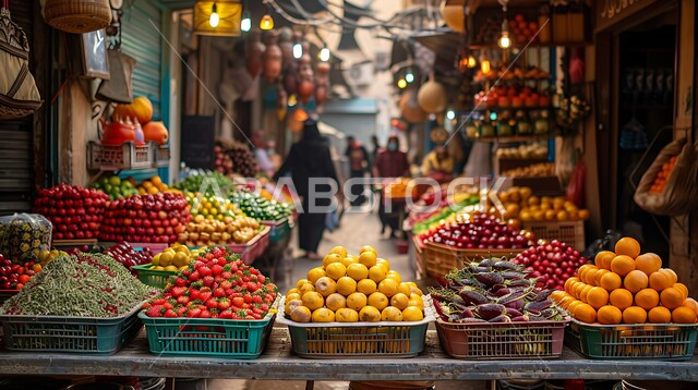 Popular local markets, buying and selling fresh fruits and vegetables, displaying harvested crops from the Kingdom's farms, a group of people shopping and purchasing food supplies, the diversity of agricultural varieties in Saudi fields