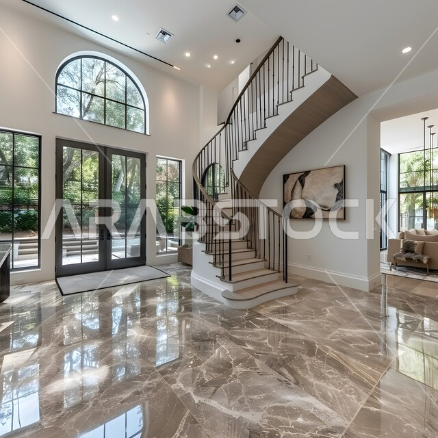 كوريدورات بديكورات داخلية مميزة و متطورة ، تحف و أكسسوارات عصرية، الشقق والفلل السكنية في السعودية، واجهة زجاجية لمدخل منزل بجدران باللون الابيض، فنادق ومنتجعات فاخره