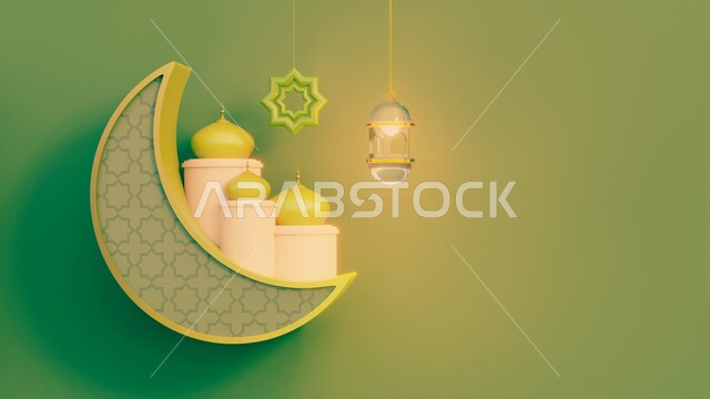قالب تصميم رمضاني , التهنئة بقدوم شهر رمضان الكريم ، هلال و فوانيس رمضان , خلفية خضراء