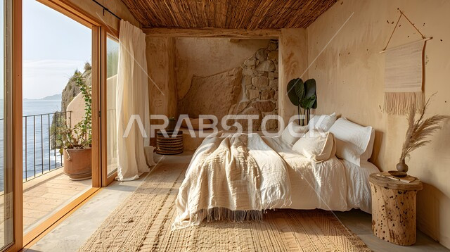 غرفة نوم بتصاميم عصرية فاخرة وسرير مريح، شقق وفلل سكنية، تصميمات وديكورات حديثة، غرف بأثاث منزلي راقي ونوافذ زجاجية، ديكورات داخلية أنيقة، فنادق ومنتجعات فارهة