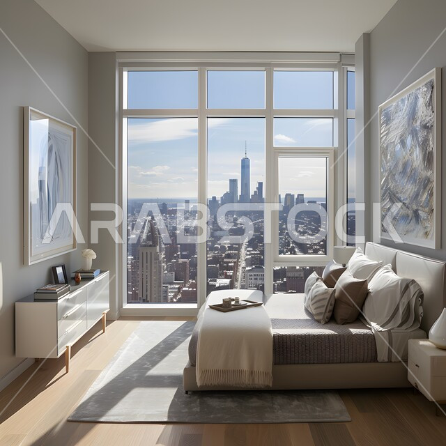 غرفة نوم بتصاميم عصرية فاخرة وسرير مريح، شقق وفلل سكنية، تصميمات وديكورات حديثة، غرف بأثاث منزلي راقي ونوافذ زجاجية، ديكورات داخلية أنيقة، فنادق ومنتجعات فارهة