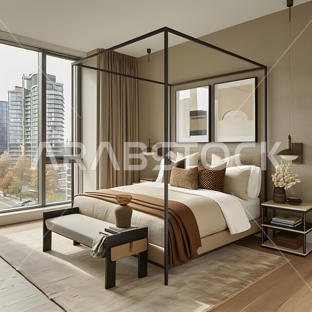 غرفة نوم بتصاميم عصرية فاخرة وسرير مريح، شقق وفلل سكنية، تصميمات وديكورات حديثة، غرف بأثاث منزلي راقي ونوافذ زجاجية، ديكورات داخلية أنيقة، فنادق ومنتجعات فارهة