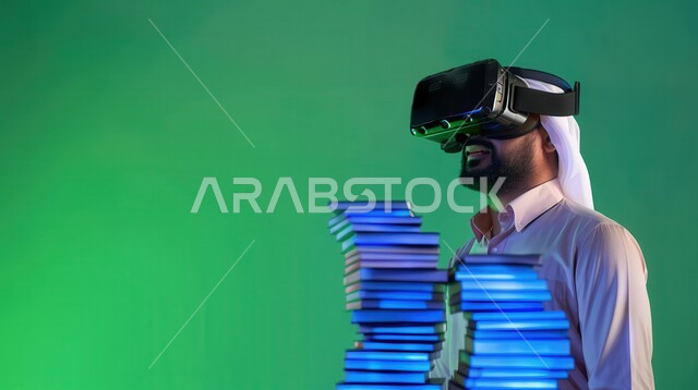النظر إلى شيء ما في العالم الخيالي بتعابير الاندماج، التفاعل مع الواقع الافتراضي, العلوم والتكنولوجيا الحديثة والمتطورة, صورة مقربة لرجل عربي خليجي سعودي يرتدي الثوب التقليدي  يضع نظارة الفي آر ثلاثية الأبعاد