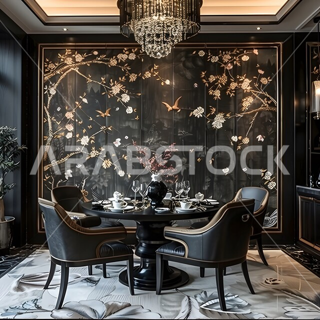 Modern interior home decor, new designs for dining rooms in homes and homes in the Kingdom of Saudi Arabia, geometric art in a modern and advanced style, keeping up with contemporary fashion.