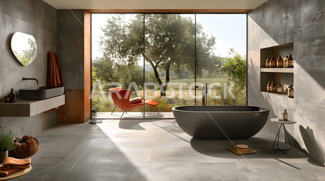 Architectural art for high-end villas and homes, modern interior bathrooms in calm and harmonious colors, interior decorations and designs for bathrooms and bathtubs in tourist apartments, a luxurious bathroom in a residential building.