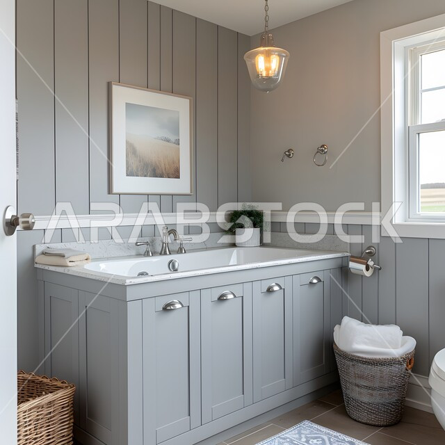 Architectural art for high-end villas and homes, modern interior bathrooms in calm and harmonious colors, interior decorations and designs for bathrooms and bathtubs in tourist apartments, a luxurious bathroom in a residential building.