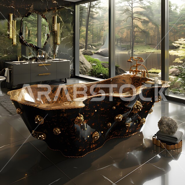 الفن الهندسي المعماري للفلل والمنازل الراقية، الحمام الداخلي الحديث بألوان هادئة ومتناسقة، ديكورات وتصاميم داخلية للحمامات وأحواض الاستحمام في الشقق السياحية، دورة مياه فاخرة في أحد المباني السكنيه