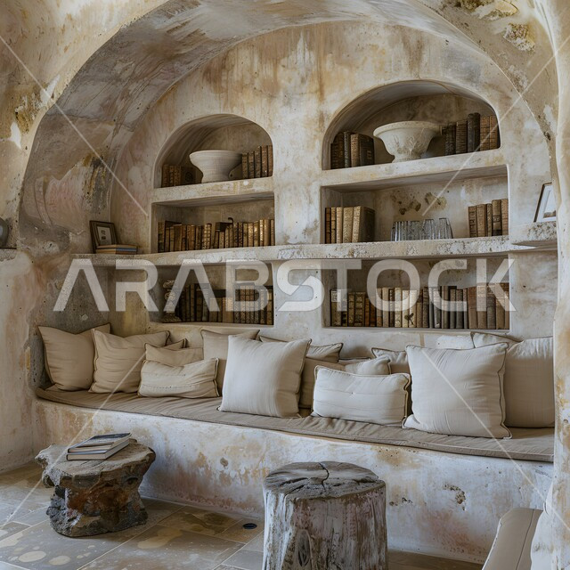 الاكسسوارات والتحف بتصاميم وديكورات شعبية، ديوان عربي يضم وسائد مريحة، الفن الهندسي المعماري على الطراز التراثي القديم، أثاث منزلي ومجالس عربية تقليدية