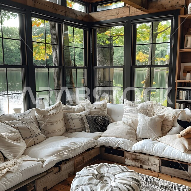 واجهة زجاجية مطلة على الطبيعة الخضراء، ديكورات الشقق السكنية، أثاث منزلي راقي باللون الابيض، غرفة معيشة بتصاميم عصرية، تصميم داخلي فاخر لغرف الجلوس