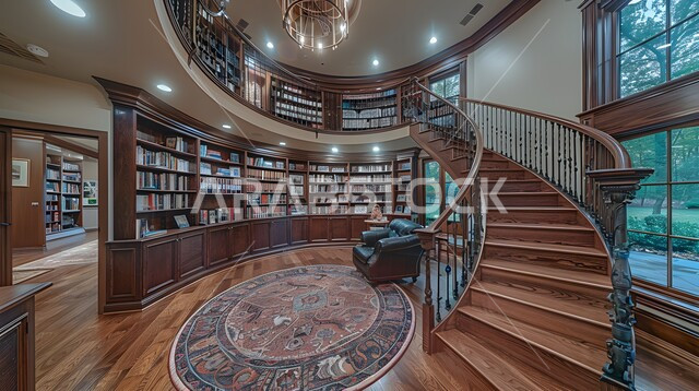 الفن الهندسي المعماري في الديكورات الداخلية، موسوعة غنية بمختلف أنواع الكتب والروايات، صورة لمكتبة بتصاميم عصرية فاخرة، أثاث مكتبي متميز 