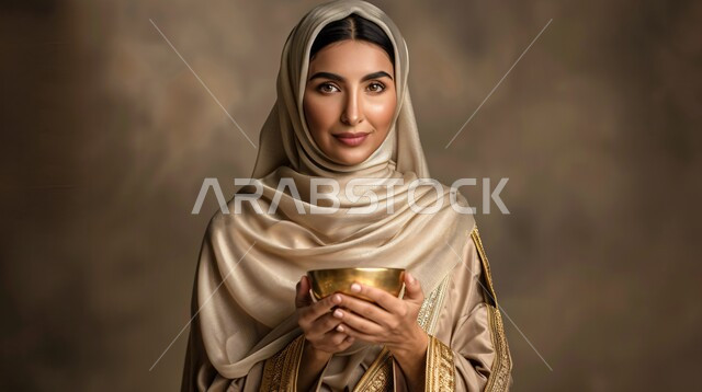 Looking at the camera with gestures of self-confidence, the concept of elegance, femininity and chic, modern, contemporary veiled fashion, interest in external appearance, close-up portrait of a veiled Saudi Arabian Gulf woman holding a copper plate in her hand, brown background