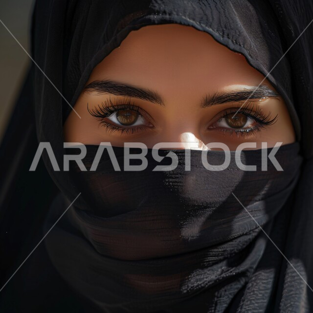 مفهوم الأناقة والأنوثة والشياكة، أزياء محجبات عصريه حديثه، الاهتمام بالمظهر الخارجي، بورتريه مقرب لامرأة عربية خليجية سعودية منقبة تنظر إلى الكاميرا بإيماءات الثقة بالنفس، خلفية بنية