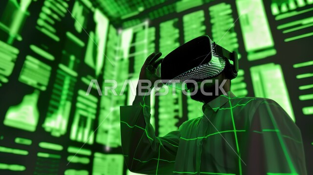 متابعة الأسهم المتداول بها في السعودية من خلال شاشات الكترونية حديثة، رجل اعمال عربي خليجي سعودي يرتدي نظارات الواقع الافتراضي، الإستثمار المالي والإقتصادي في البورصة السعودية، تحليل البيانات والمعلومات الرقمية، خلفية شاشة عرض رقمية للأسواق المالية