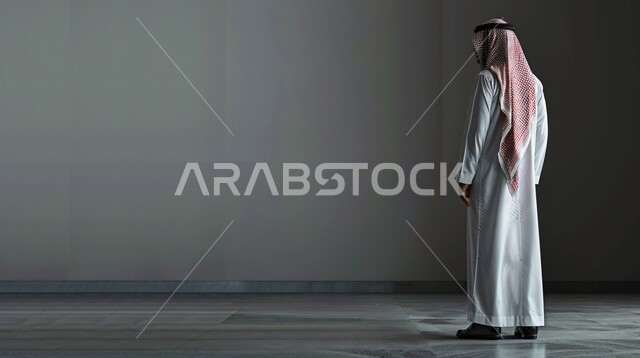 The concept of masculinity and elegance, staring, contemplation and concentration, interest in external appearance, portrait from the back of a Saudi Arabian Gulf man wearing traditional dress, gray background