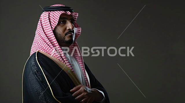  مفهوم الأناقة والرجولة، بورتريه مقرب من الجانب لرجل عربي خليجي سعوي يرتدي الزي التقليدي والبشت يقف بأيدي متقاطعة، النظر إلى مكان ما بايماءات الجدية، العناية والاهتمام  بالمظهر الخارجي، خلفية سوداء
